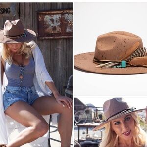 Mandee Ashley Custom made Tan Speckled Cowboy Hat with Feather & Jewelry